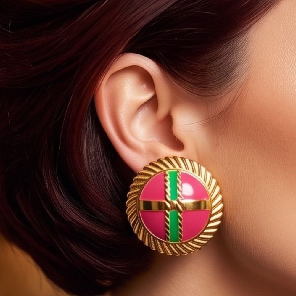 Vintage NOS Sue Ellen England Pink Green Enamel Gold Tone Button Clip Earrings